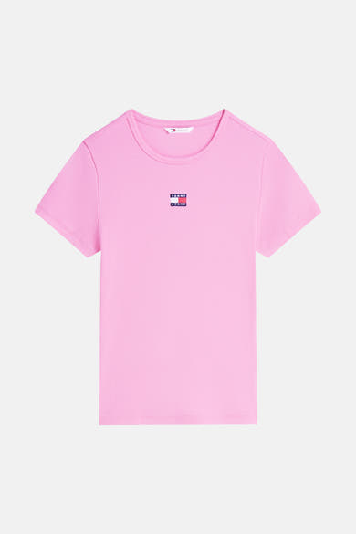 Roze geribd T-shirt met korte mouwen van TOMMY JEANS, met geborduurd vlaglogo.