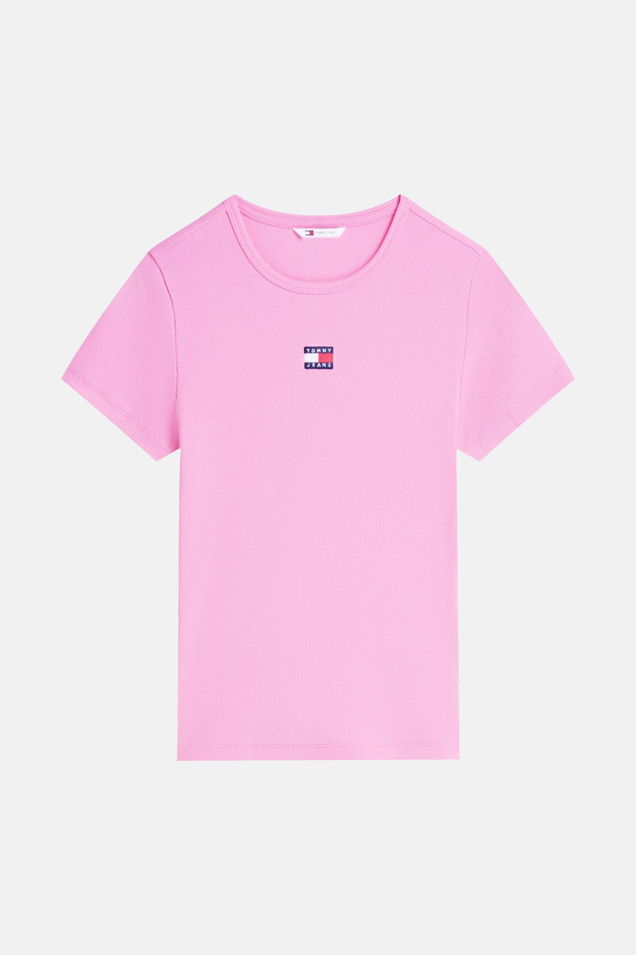 Roze geribd T-shirt met korte mouwen van TOMMY JEANS, met geborduurd vlaglogo.