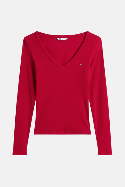 T-shirt rose à manches longues de TOMMY JEANS, en maille côtelée avec un col en V.