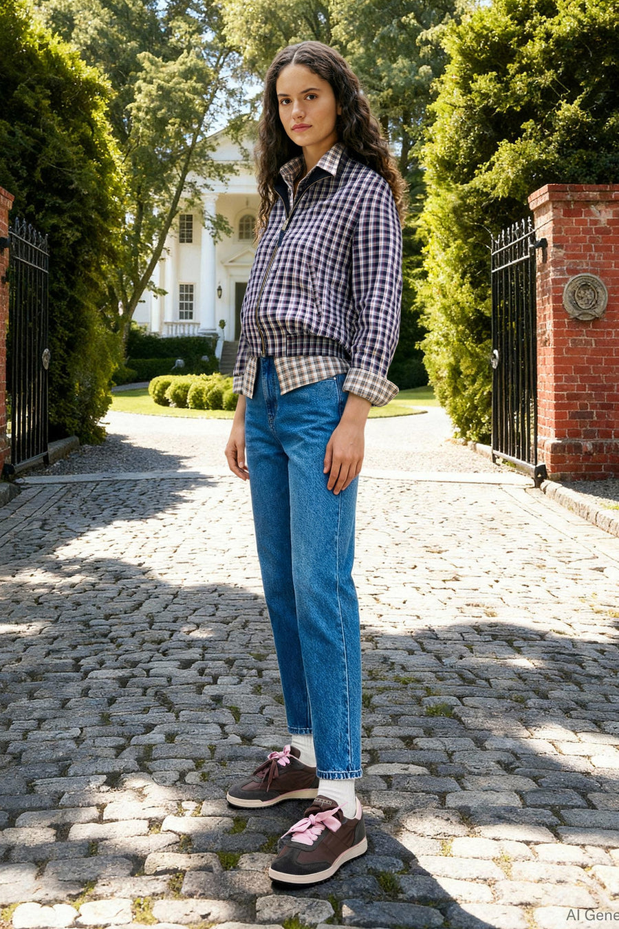 Jean Mom bleu moyen de TOMMY JEANS, porté avec un chemisier à carreaux et des baskets.