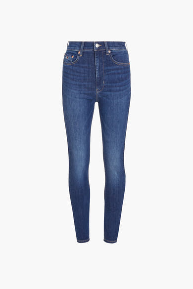 Jeans skinny en denim bleu foncé de TOMMY JEANS, avec des poches avant et arrière.
