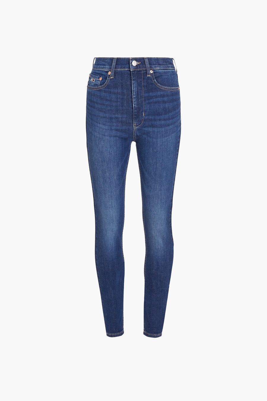 Jeans skinny en denim bleu foncé de TOMMY JEANS, avec des poches avant et arrière.