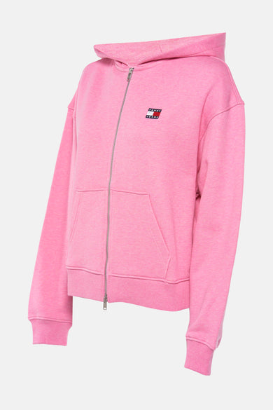 Polaire rose de TOMMY JEANS, avec fermeture éclair et capuche, poches kangourou sur le devant.