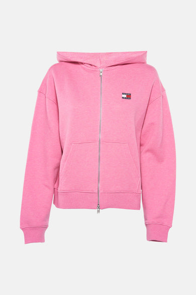 Polaire rose de TOMMY JEANS, avec capuche, fermeture éclair sur toute la longueur et logo sur la poitrine.