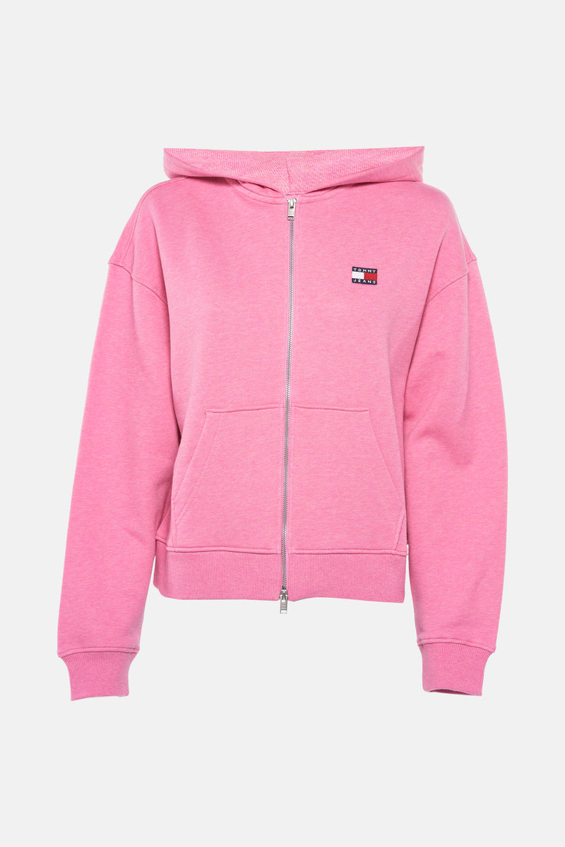 Polaire rose de TOMMY JEANS, avec capuche, fermeture éclair sur toute la longueur et logo sur la poitrine.