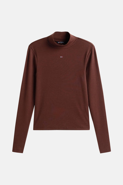Bruin T-shirt met lange mouwen van TOMMY JEANS in ribgebreide stof, met opstaande kraag en subtiel logo.