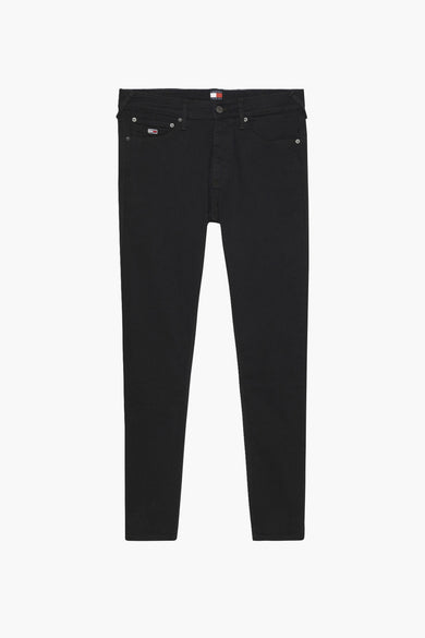 Jean skinny noir en denim de TOMMY JEANS, avec fermeture boutonnée et poches classiques.