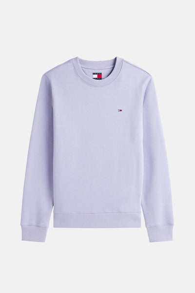 Mauve sweater van Tommy Jeans, met discrete logo's op de voorkant en bij de kraag.