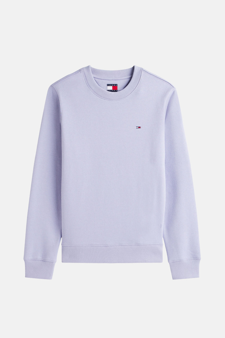 Mauve sweater van Tommy Jeans, met discrete logo's op de voorkant en bij de kraag.