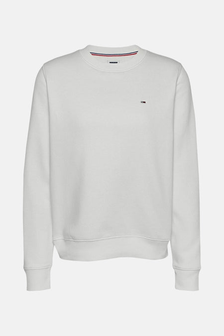 Sweat-shirt blanc de TOMMY JEANS, avec petit logo drapeau sur la poitrine et rayures tricolores au col.