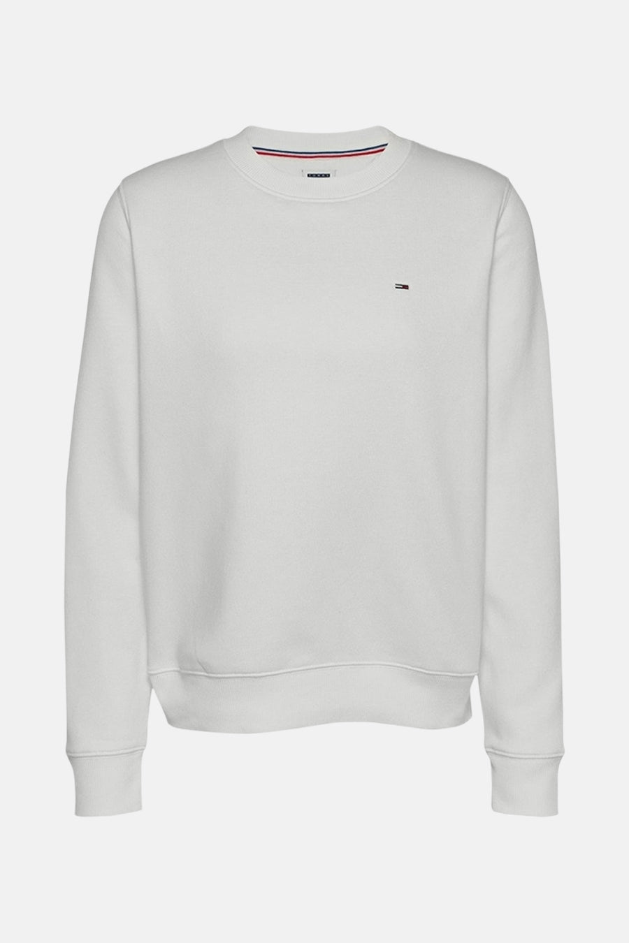 Wit sweatshirt van TOMMY JEANS, met klein vlaglogo op de borst en driekleurige strepen op de kraag.