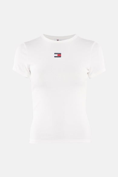 T-shirt blanc à manches courtes de TOMMY JEANS en tricot côtelé avec logo carré sur la poitrine.