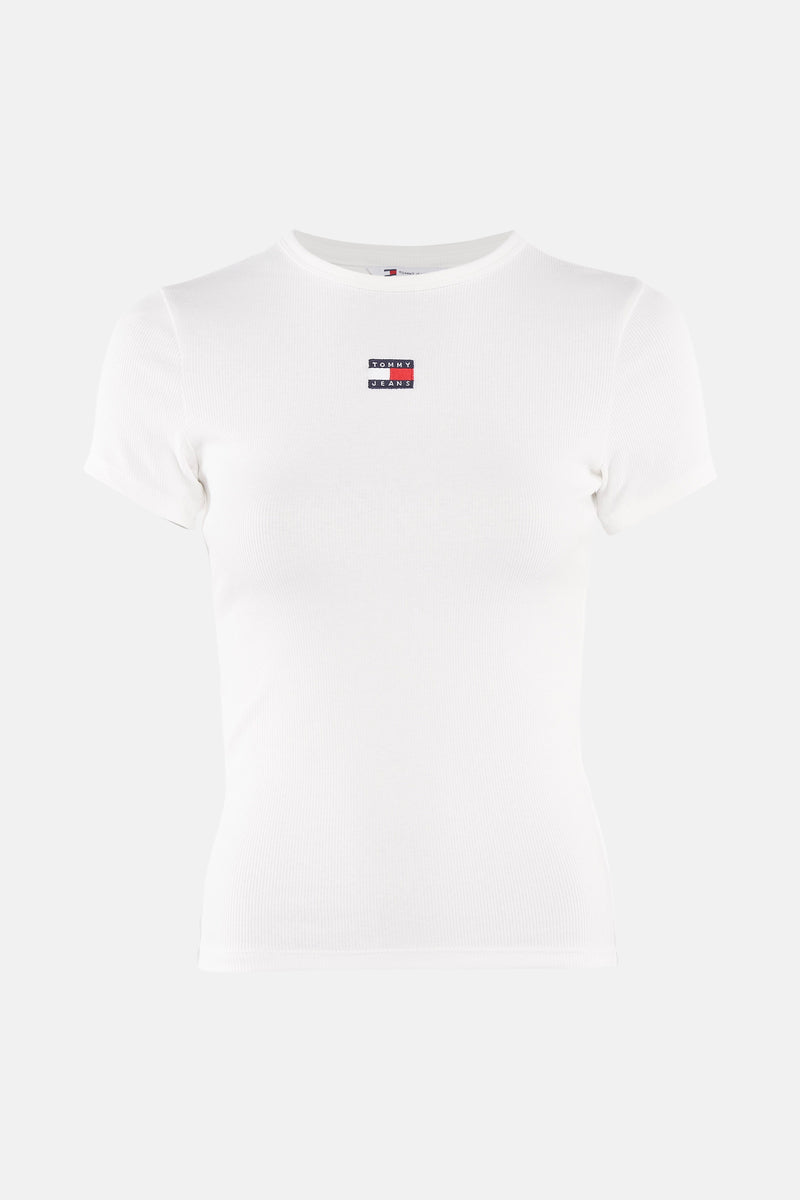 T-shirt blanc à manches courtes de TOMMY JEANS en tricot côtelé avec logo carré sur la poitrine.