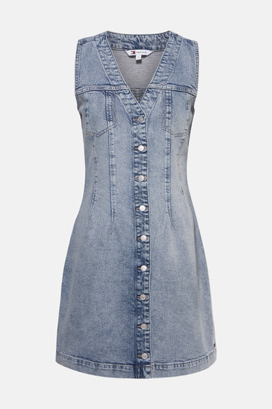 Blauwe denimjurk van TOMMY JEANS, slim fit, achterzijde.