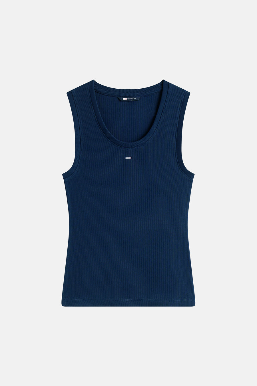 Top uni bleu à côtes de Tommy Jeans, avec encolure arrondie et logo discret.