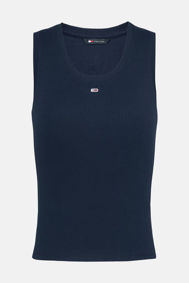 Top uni bleu marine à côtes fines de Tommy Jeans avec logo discret sur la poitrine.