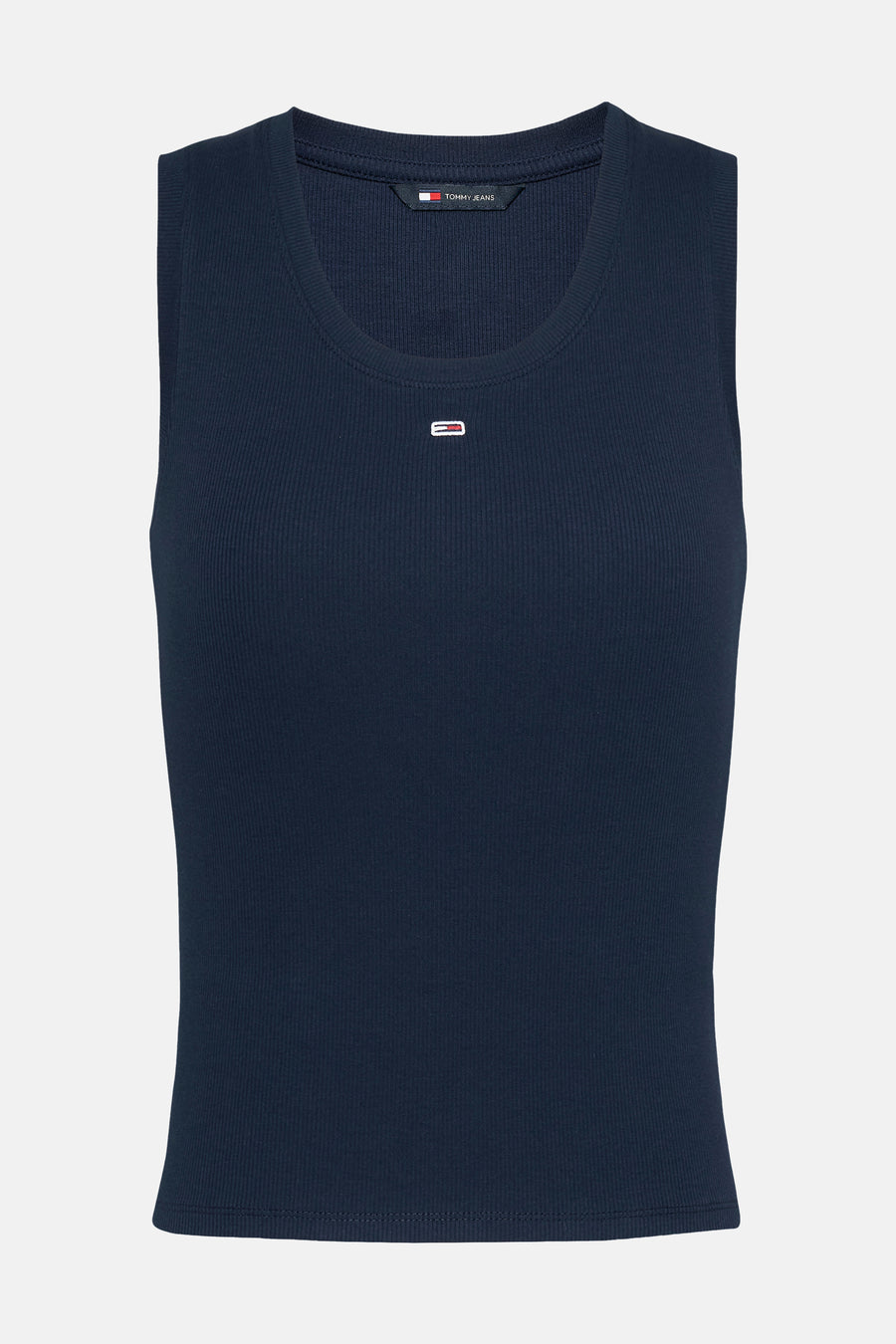 Top uni bleu marine à côtes fines de Tommy Jeans avec logo discret sur la poitrine.