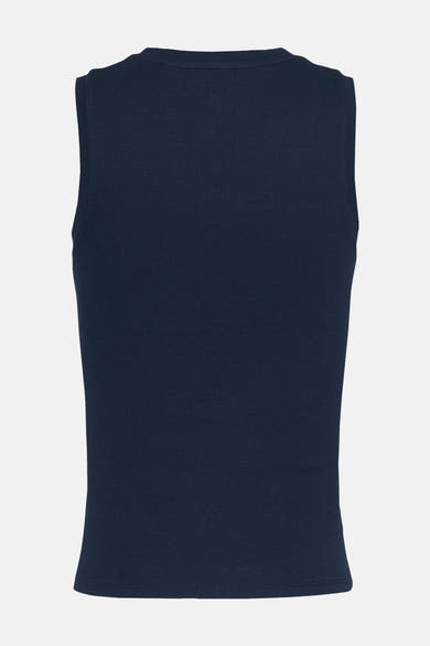 Top uni manches courtes bleu de Tommy Jeans, en maille côtelée, sur fond clair.
