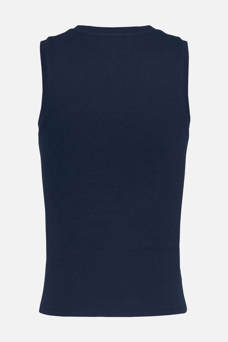 Top uni manches courtes bleu de Tommy Jeans, en maille côtelée, sur fond clair.
