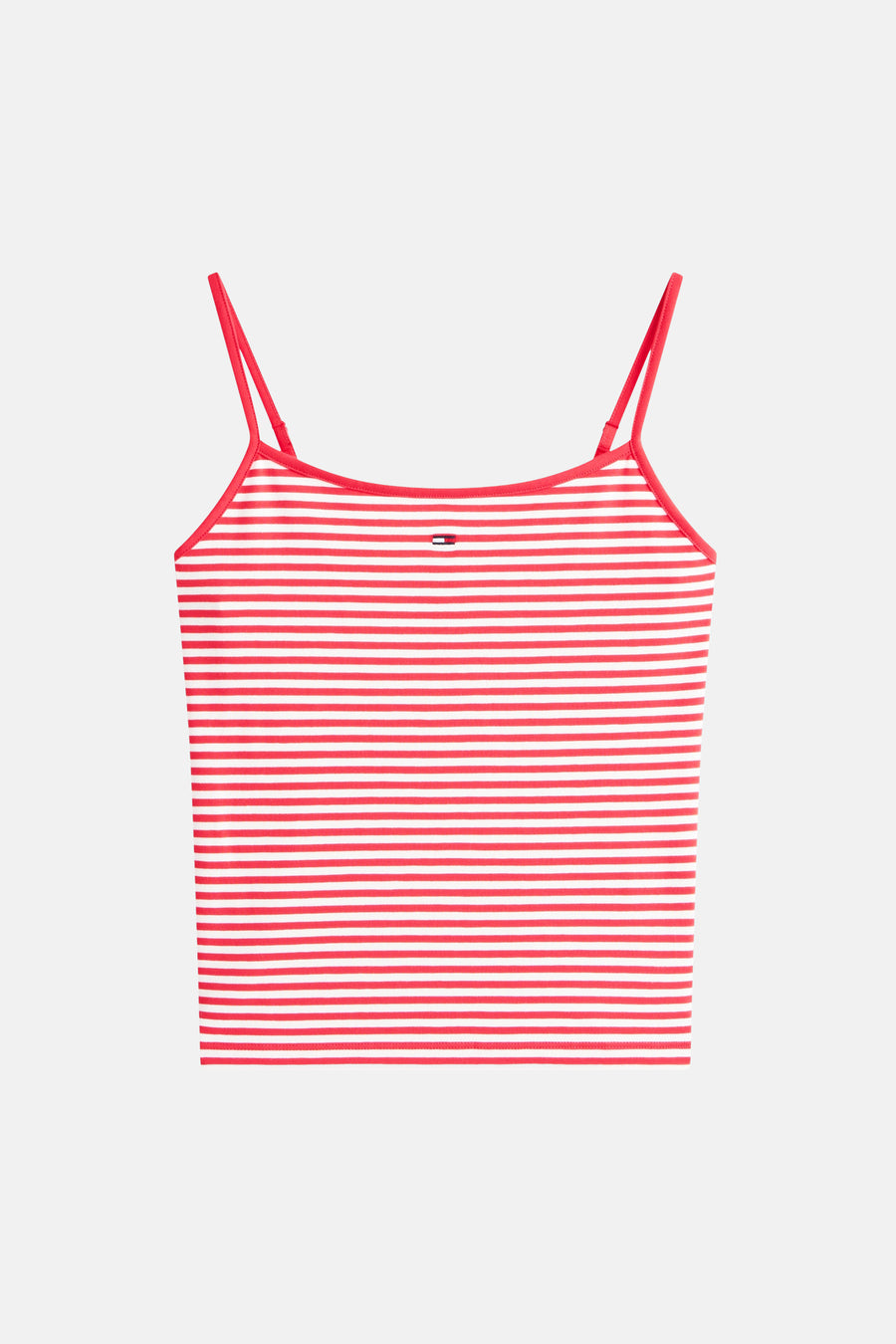 Rood-wit gestreept hemdje van TOMMY JEANS, met dunne rode bandjes en discreet logo.