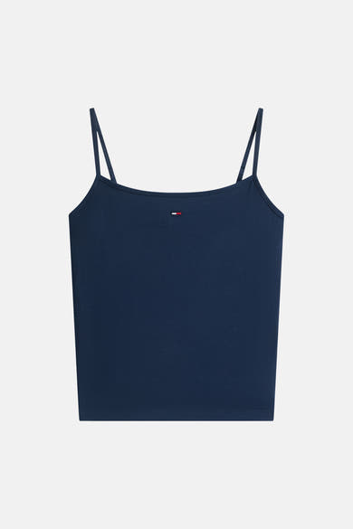Débardeur bleu de TOMMY JEANS avec bretelles fines et logo subtil sur la poitrine.
