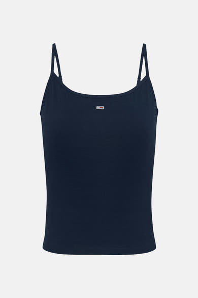 Débardeur bleu marine de TOMMY JEANS, avec fines bretelles et logo discret sur la poitrine.
