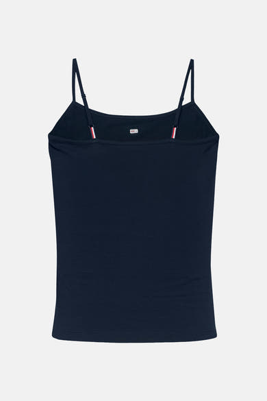 Débardeur bleu de TOMMY JEANS, avec fines bretelles et logo sur l'encolure dos.