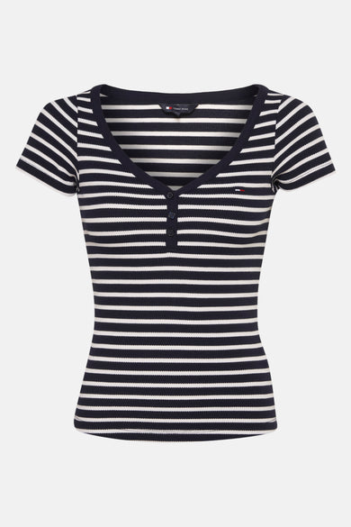 Blauw T-shirt met witte strepen van Tommy Jeans, met korte mouwen en knoopsluiting.