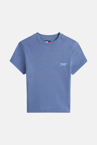 T-shirt bleu côtelé à manches courtes de Tommy Jeans, avec le logo brodé sur la poitrine.