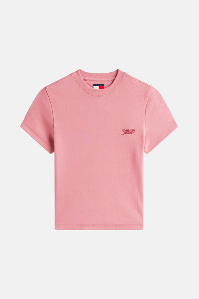 T-shirt rose à manches courtes de TOMMY JEANS, en maille côtelée avec le logo brodé.
