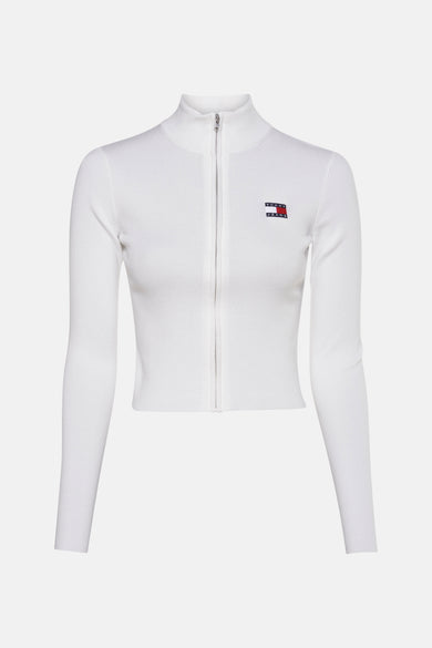 Witte geribde bodywarmer van Tommy Jeans, met ritssluiting en logo op de borst.