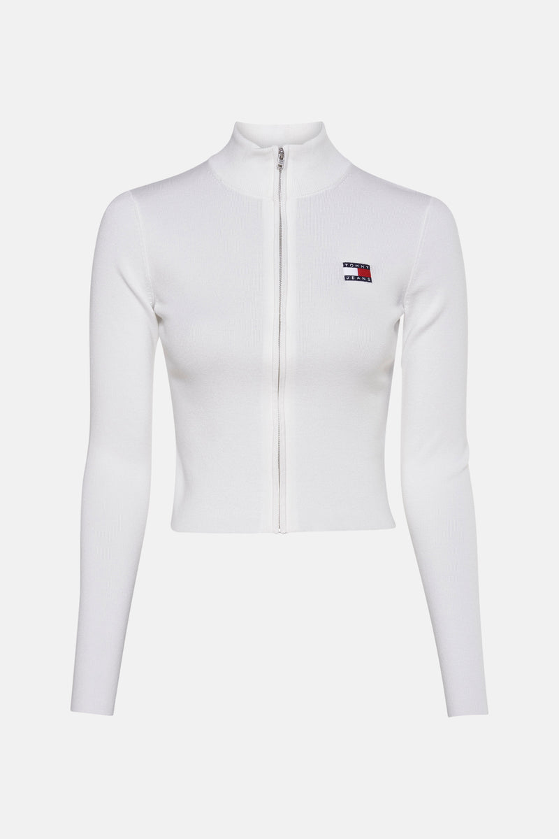 Witte geribde bodywarmer van Tommy Jeans, met ritssluiting en logo op de borst.