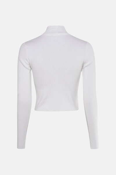 Witte TOMMY JEANS bodywarmer, in fijne ribgebreide stof, met lange mouwen en opstaande kraag, achterzijde.