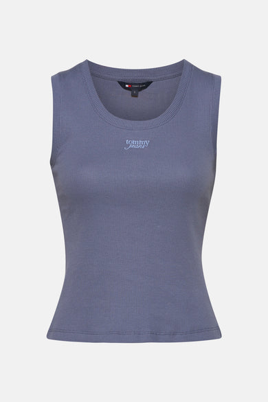 Débardeur bleu en maille côtelée de TOMMY JEANS, avec logo brodé sur le devant.