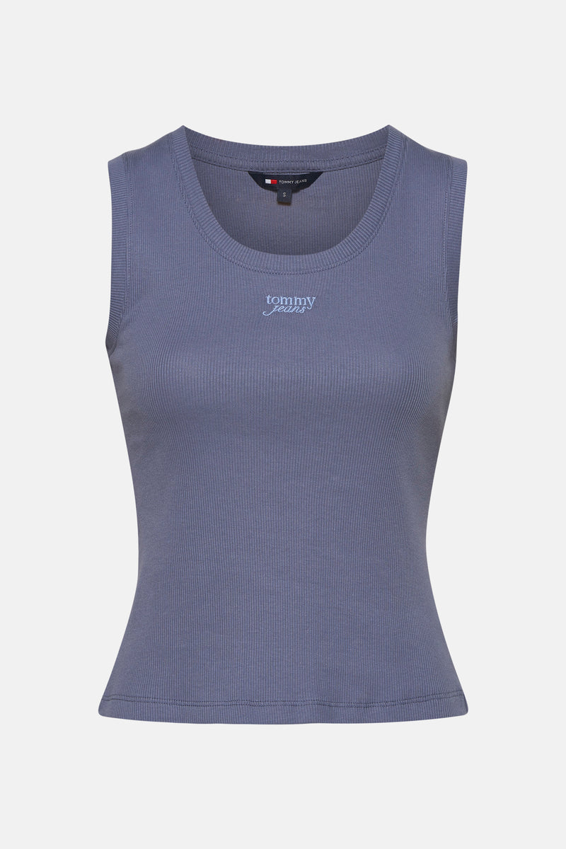 Débardeur bleu en maille côtelée de TOMMY JEANS, avec logo brodé sur le devant.