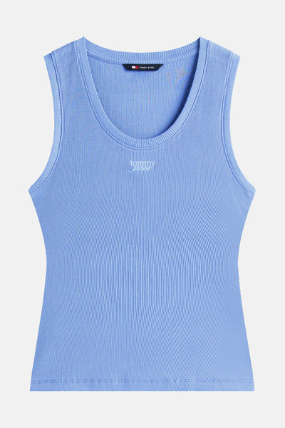 Débardeur bleu côtelé de TOMMY JEANS, avec logo brodé sur le devant.