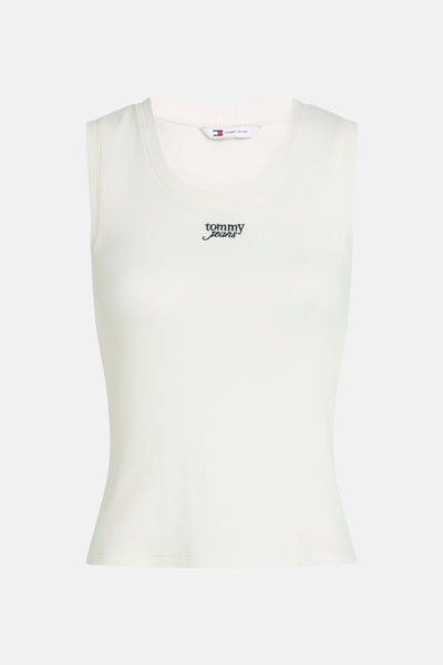 Débardeur côtelé écru de Tommy Jeans, avec logo brodé sur le devant.