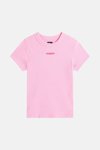 T-shirt à manches courtes rose de Tommy Jeans en maille côtelée avec logo brodé sur le devant.