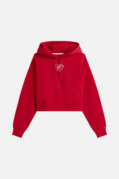 Sweat rouge de TOMMY JEANS, orné d'un motif cœur avec logo sur le devant, avec capuche.