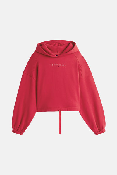 Roze hoodie van TOMMY JEANS, korte pasvorm met trekkoord, pofmouwen en capuchon.