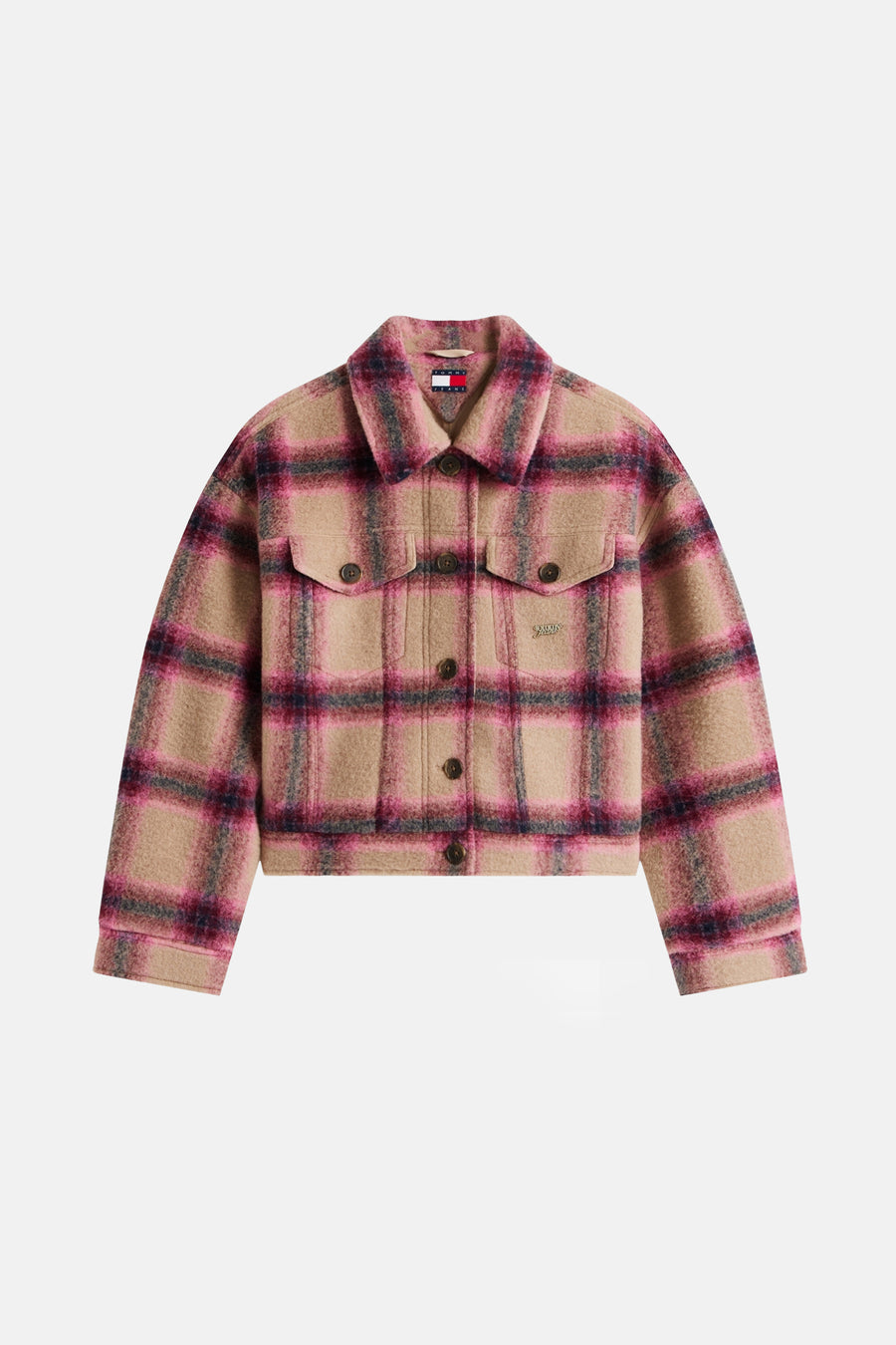 Veste courte à carreaux multicolores de TOMMY JEANS, avec poches à rabat et fermeture boutonnée.