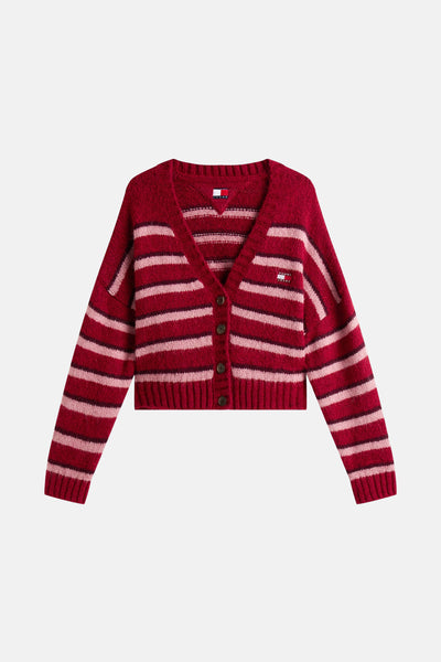 Gilet rouge rayé, de TOMMY JEANS, avec une coupe courte et une fermeture boutonnée.