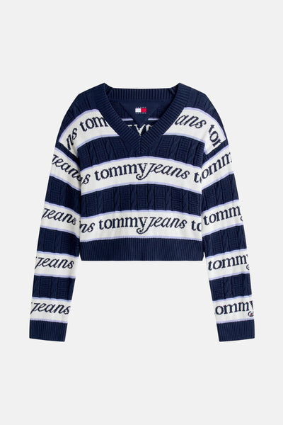 Blauwe V-hals trui van TOMMY JEANS, met witte strepen en logo-opdruk.