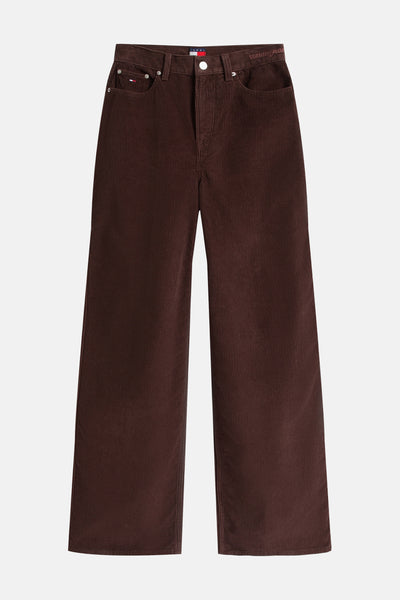 Pantalon marron en velours côtelé de Tommy Jeans, coupe ample et taille haute.