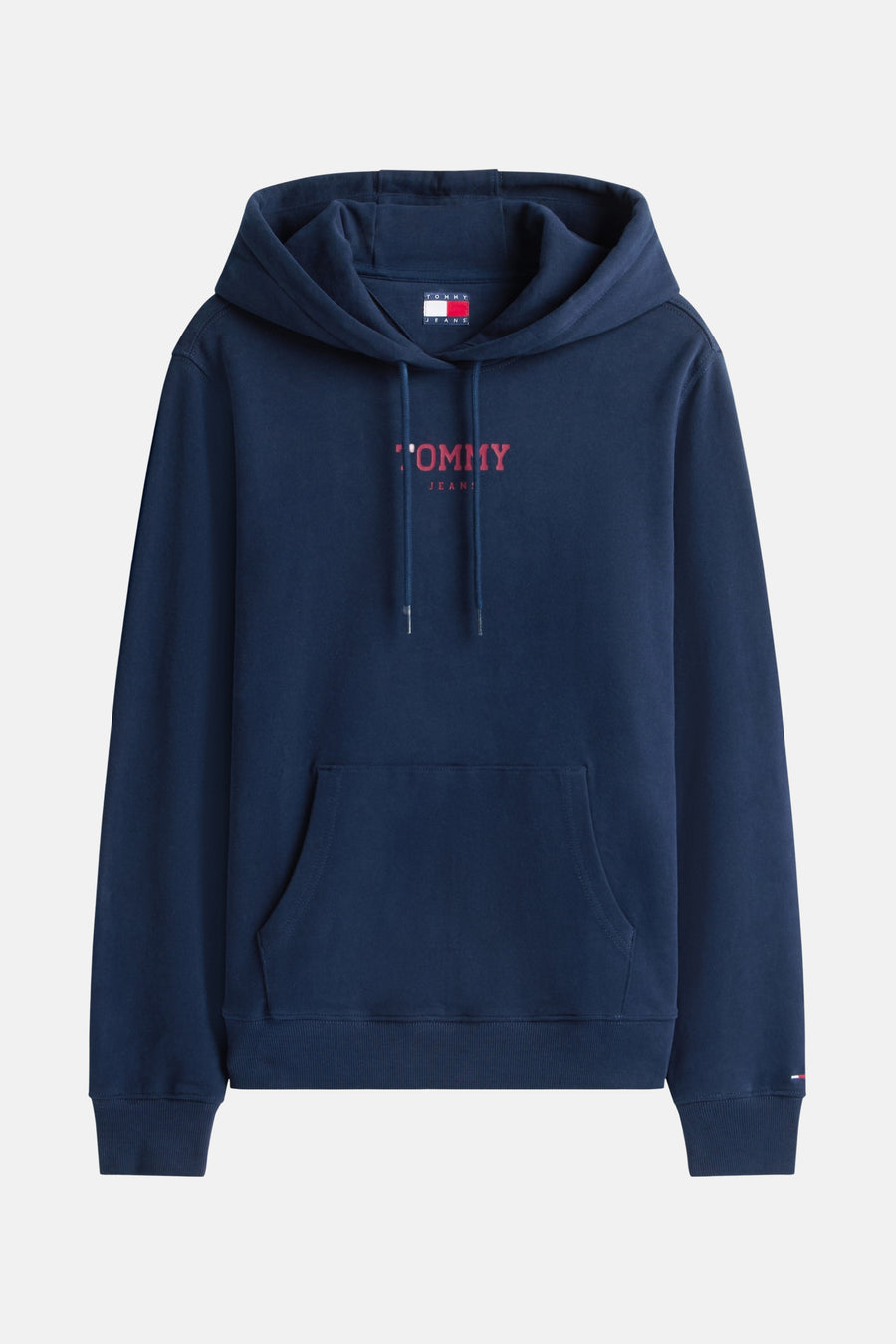 Blauwe hoodie van TOMMY JEANS, met trekkoord en geborduurd rood logo op de voorkant.