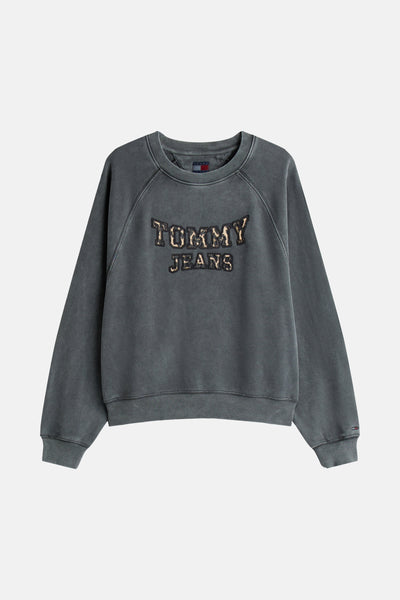 Grijze rondehals sweatshirt van Tommy Jeans met decoratief logo en geribbelde boorden.