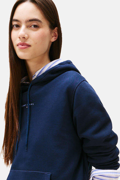 Blauwe hoodie van TOMMY JEANS, met gestreepte gevoerde capuchon en trekkoord.