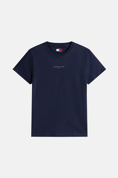 Blauw T-shirt met korte mouwen van Tommy Jeans, met een geborduurd logo op de borst.