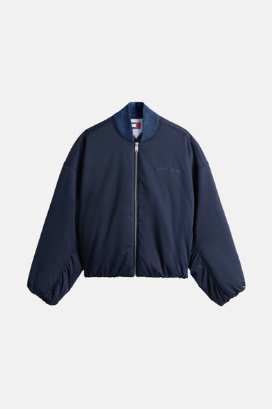 Veste courte bleue de TOMMY JEANS avec fermeture éclair centrale et manches froncées