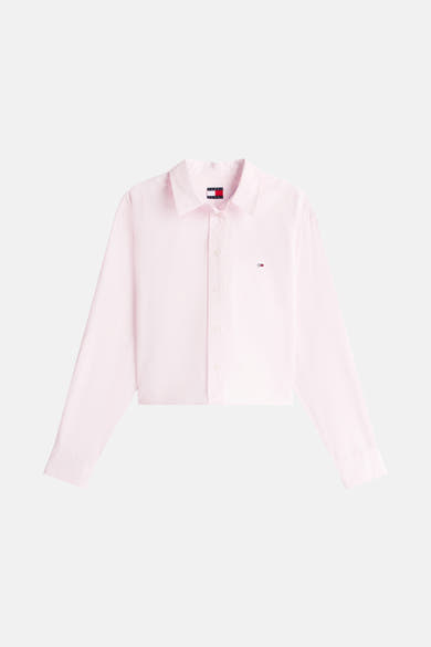 Roze blouse met lange mouwen van TOMMY JEANS, met discreet logo en korte pasvorm.